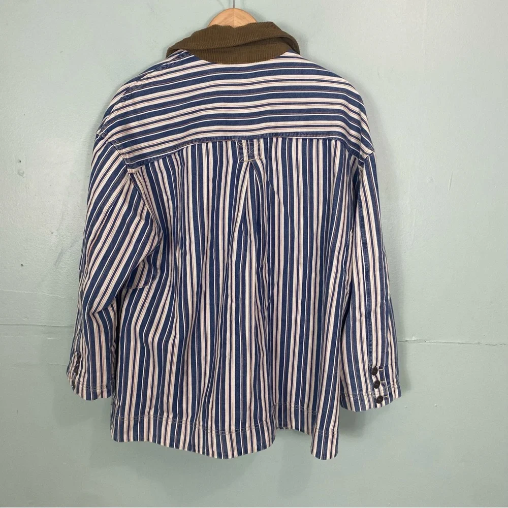 Free People Blue Striped Denim Barn Coat Jacket Corduroy Collar Small